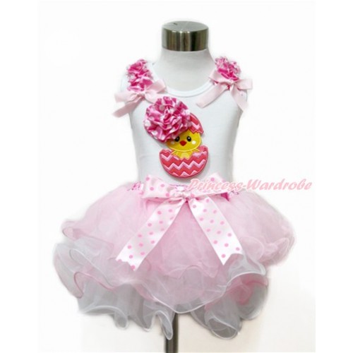 Easter White Baby Pettitop with Hot Pink White Dots Ruffles & Light Pink Bow with 3D Hot Pink White Dots Rose Chick Egg Print with Light Hot Pink Dots Bow Hot Pink White Polka Dots Waist Light Pink White Petal Newborn Pettiskirt NN182 